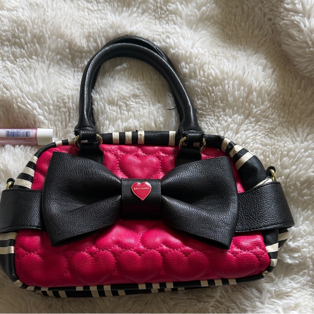 Betsey Johnson Pink Heart Mini Bag with Black Bow